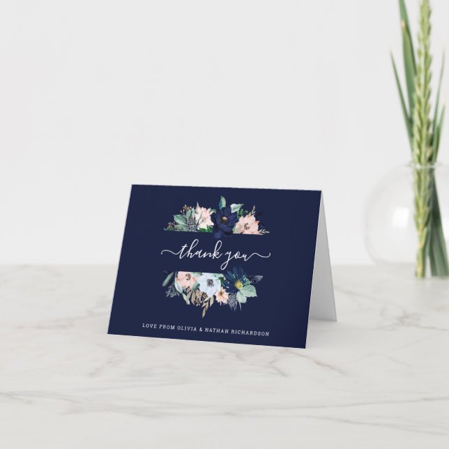 Nautical Flowers Navy Blue and Blush Pink Wedding Thank You Card (Front)