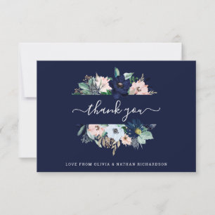 Nautical Flowers Navy Blue and Blush Pink Wedding Thank You Card