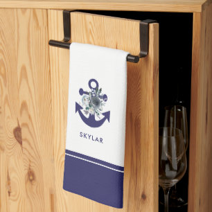 Nautical Flowers   Navy Blue Floral Anchor Tea Towel