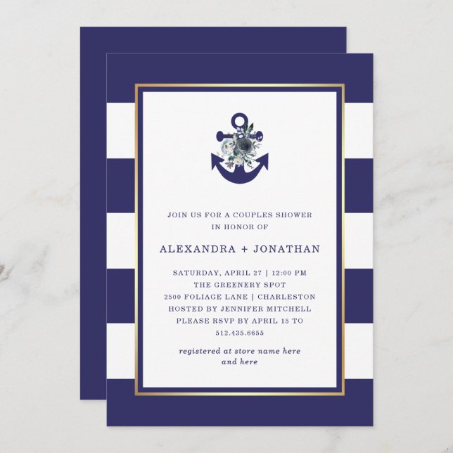 Nautical Flowers | Navy Blue Stripe Couples Shower Invitation (Front/Back)