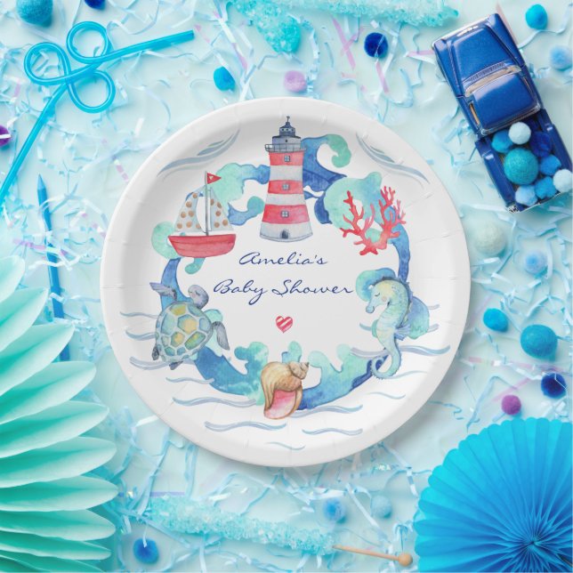 Nautical Gender Neutral Watercolor Baby Shower Paper Plate (Party)
