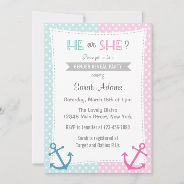 Nautical Gender Reveal Party Invitation Blue Pink (Front)