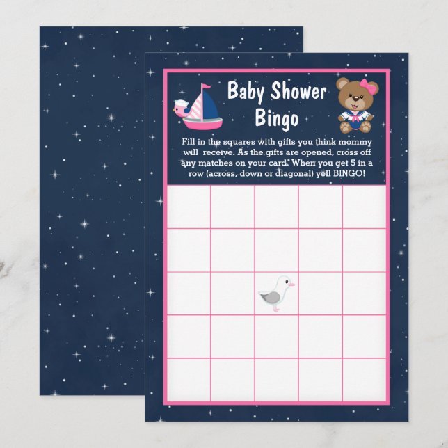 Nautical Girl Bear Pink and Navy Baby Bingo Invitation (Front/Back)