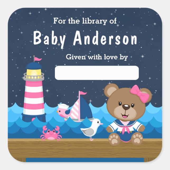 Nautical Girl Bear Pink and Navy Baby Bookplate Square Sticker (Front)