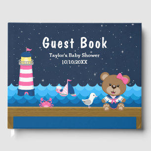 Nautical Girl Bear Pink and Navy Baby Shower Guest Book