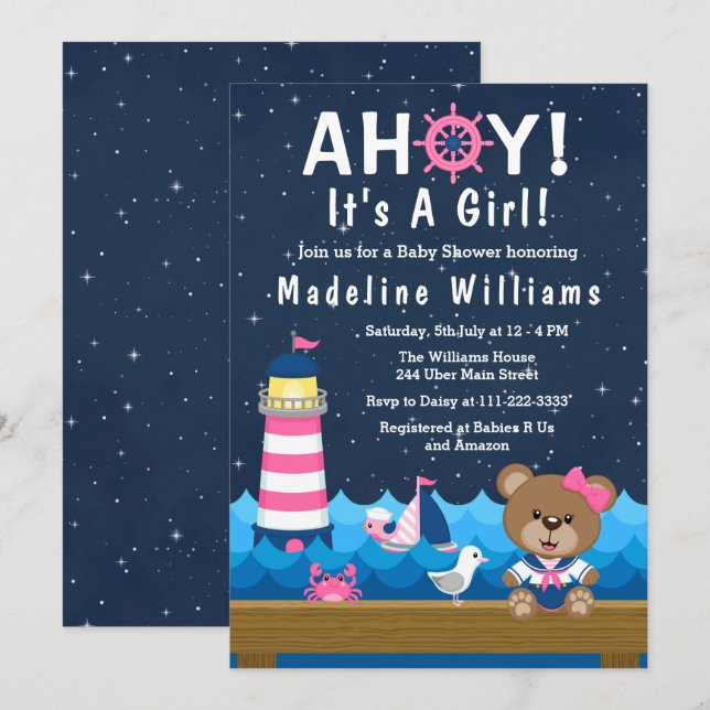 Nautical Girl Bear Pink and Navy Baby Shower Invitation (Front/Back)