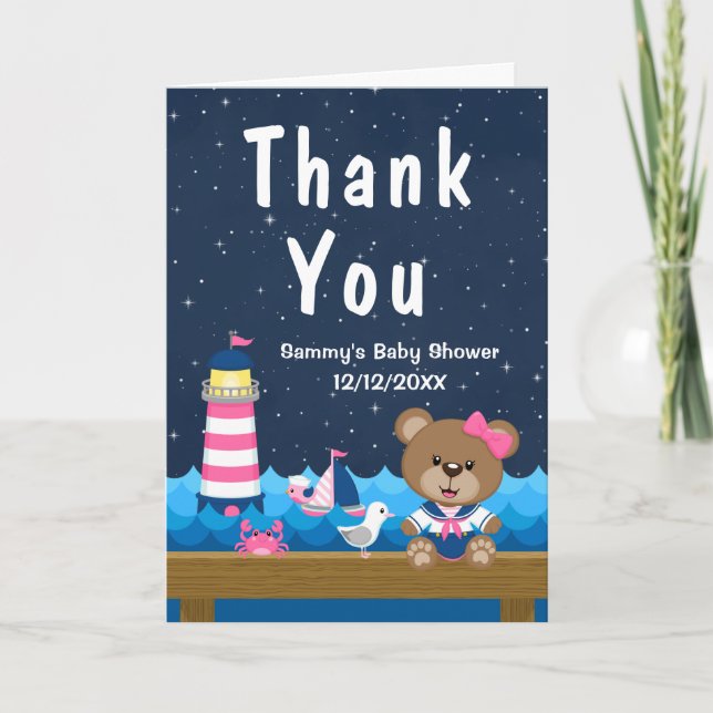 Nautical Girl Bear Pink and Navy Baby Shower Thank You Card (Front)