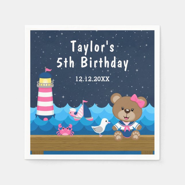 Nautical Girl Bear Pink and Navy Birthday Party Napkin (Front)