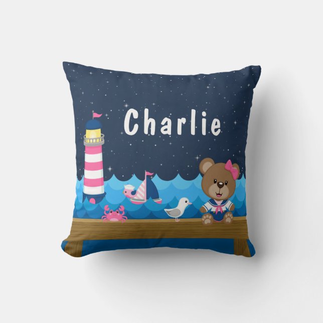 Nautical Girl Bear Pink and Navy Cushion (Front)