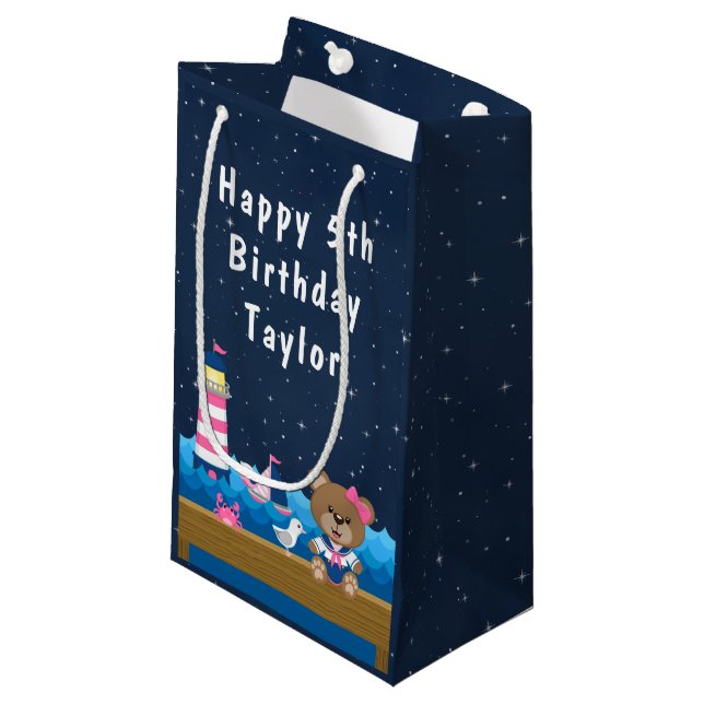 Nautical Girl Bear Pink and Navy Happy Birthday Small Gift Bag (Front Angled)