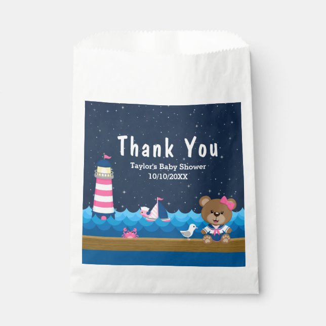 Nautical Girl Bear Pink Baby Shower Thank You Favour Bags (Front)