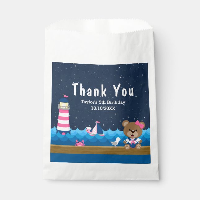 Nautical Girl Bear Pink Birthday Party Thank You Favour Bags (Front)