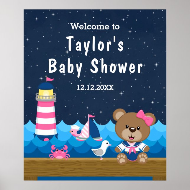 Nautical Girl Bear Pink Navy Baby Shower Welcome Poster (Front)