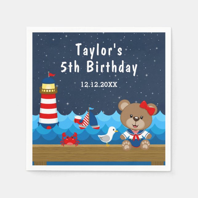 Nautical Girl Bear Red and Navy Birthday Party Napkin (Front)