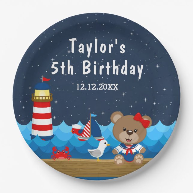 Nautical Girl Bear Red and Navy Birthday Party Paper Plate (Front)