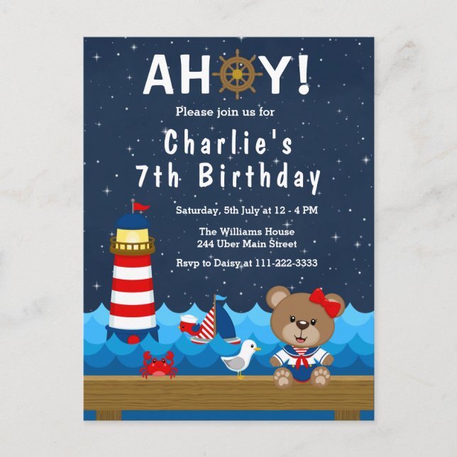 Nautical Girl Bear Red and Navy Birthday Party Postcard (Front)