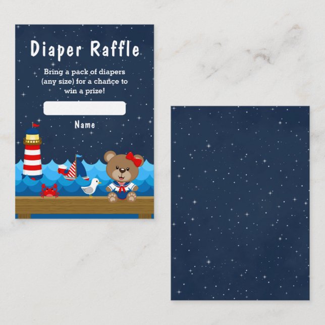 Nautical Girl Bear Red and Navy Diaper Raffle Enclosure Card (Front/Back)