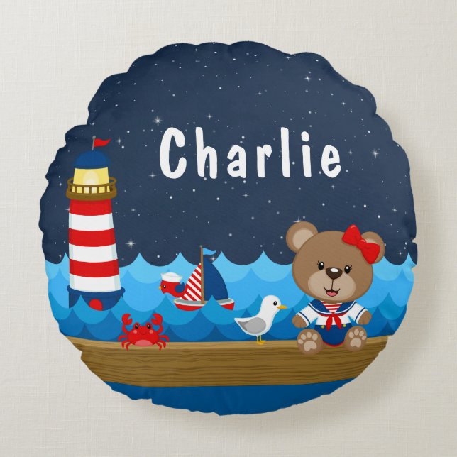 Nautical Girl Bear Red and Navy Round Cushion (Front)