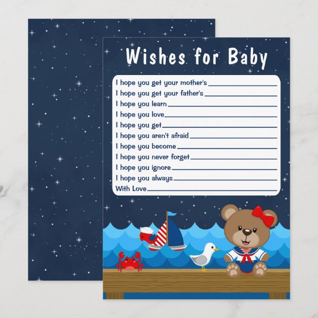 Nautical Girl Bear Red and Navy Wishes For Baby Invitation (Front/Back)