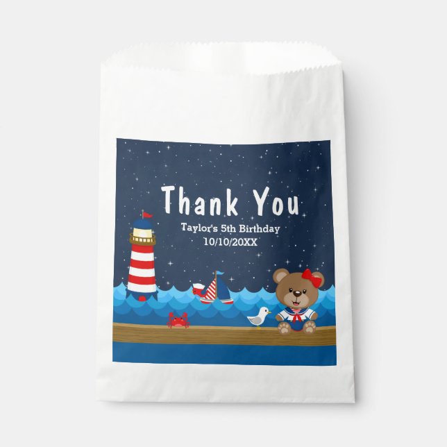 Nautical Girl Bear Red Birthday Party Thank You Favour Bags (Front)