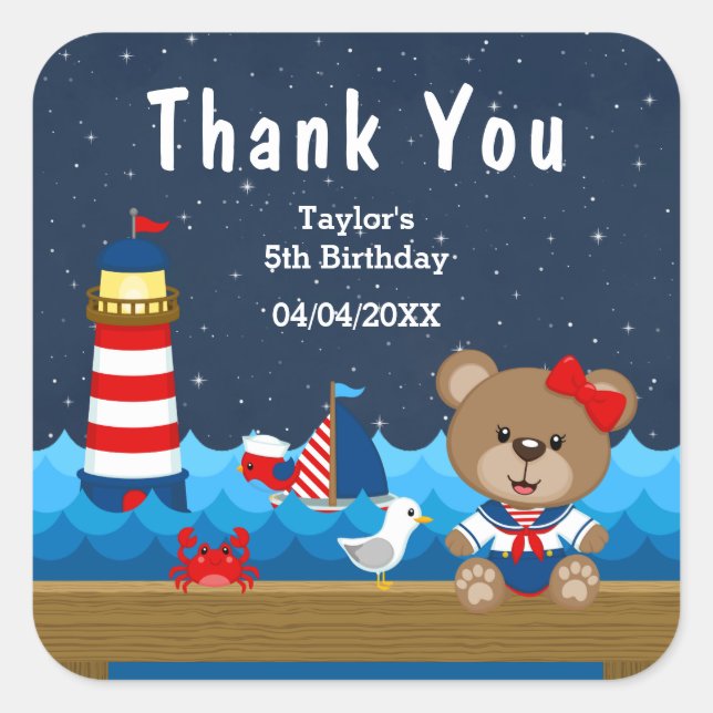 Nautical Girl Bear Red Birthday Party Thank You Square Sticker (Front)