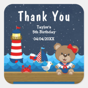 Nautical Girl Bear Red Birthday Party Thank You Square Sticker