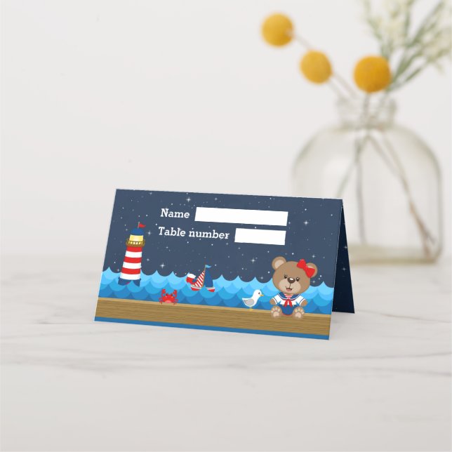 Nautical Girl Bear Red Navy Birthday Seating Place Card (Front)