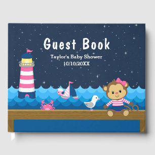 Nautical Girl Monkey Pink and Navy Baby Shower Guest Book