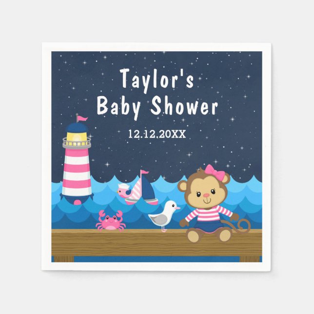 Nautical Girl Monkey Pink and Navy Baby Shower Napkin (Front)