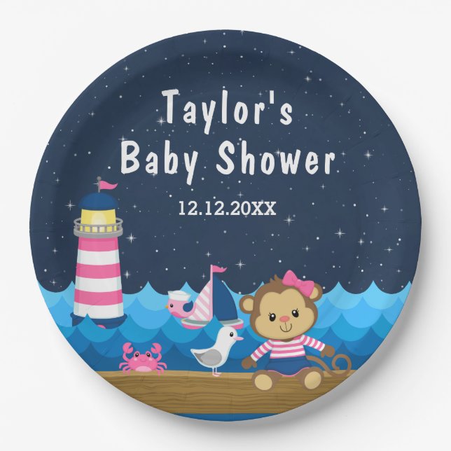 Nautical Girl Monkey Pink and Navy Baby Shower Paper Plate (Front)