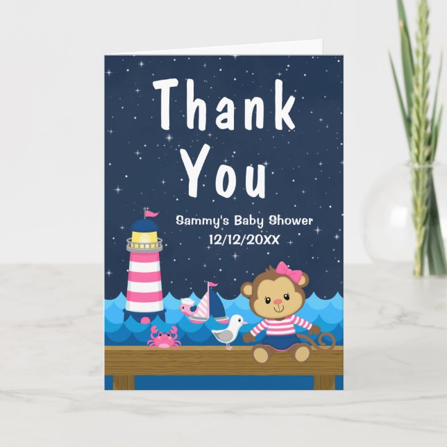 Nautical Girl Monkey Pink and Navy Baby Shower Thank You Card (Front)