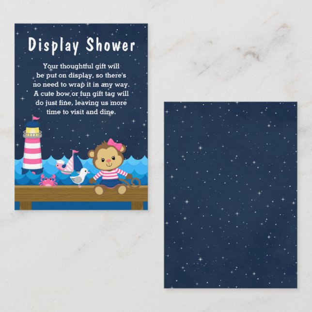 Nautical Girl Monkey Pink and Navy Display Shower Enclosure Card (Front/Back)