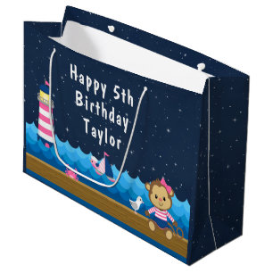 Nautical Girl Monkey Pink and Navy Happy Birthday Large Gift Bag