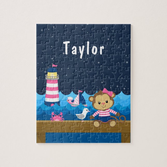 Nautical Girl Monkey Pink and Navy Jigsaw Puzzle (Vertical)