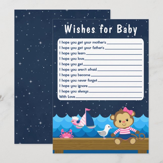 Nautical Girl Monkey Pink and Navy Wishes For Baby Invitation (Front/Back)