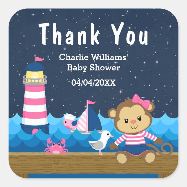 Nautical Girl Monkey Pink Baby Shower Thank You Square Sticker (Front)