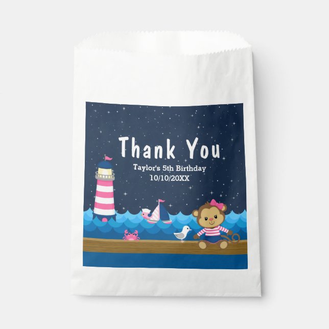 Nautical Girl Monkey Pink Birthday Party Thank You Favour Bags (Front)