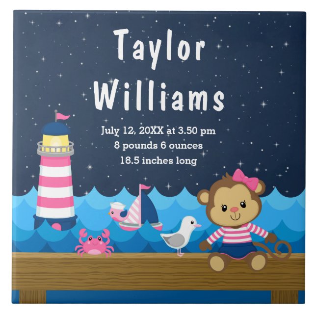 Nautical Girl Monkey Pink Navy Birth Statistics Tile (Front)
