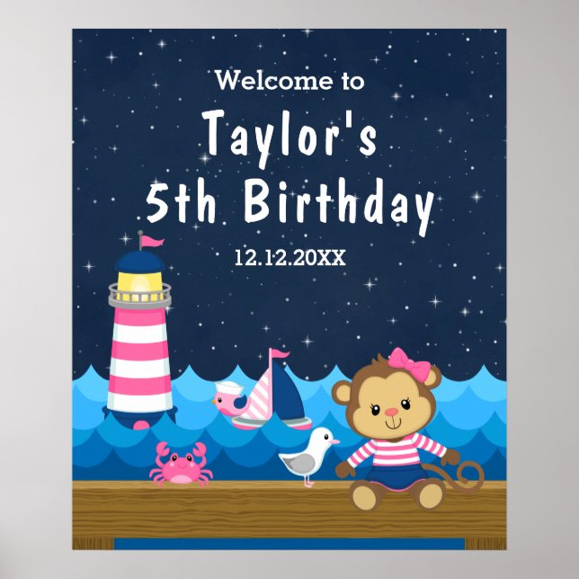 Nautical Girl Monkey Pink Navy Birthday Welcome Poster (Front)