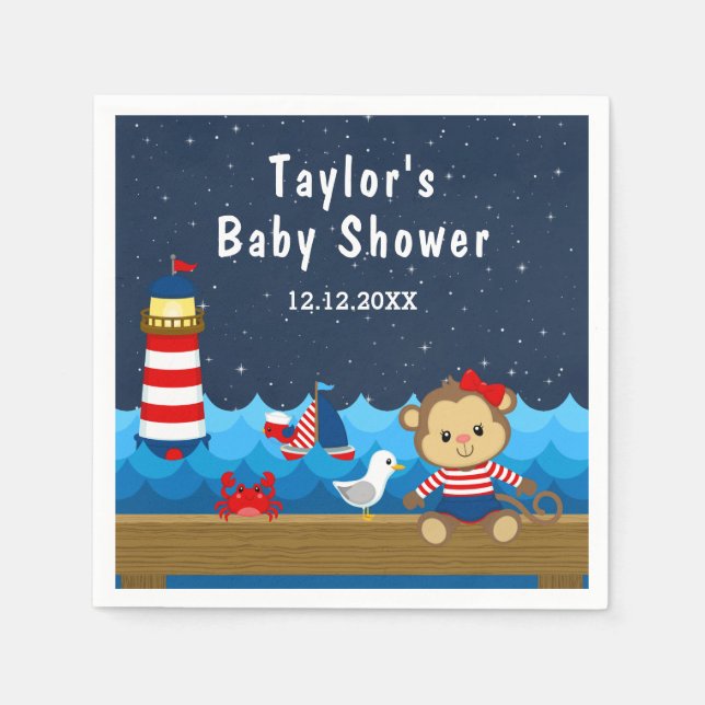 Nautical Girl Monkey Red and Navy Baby Shower Napkin (Front)