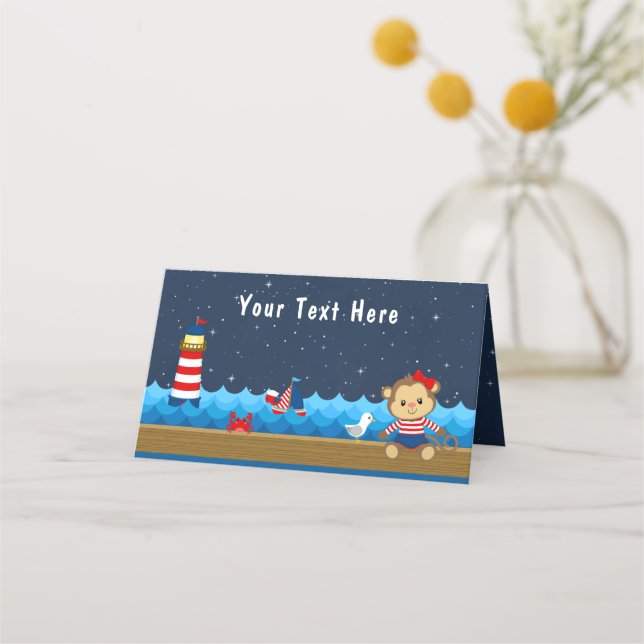 Nautical Girl Monkey Red and Navy Baby Shower Place Card (Front)