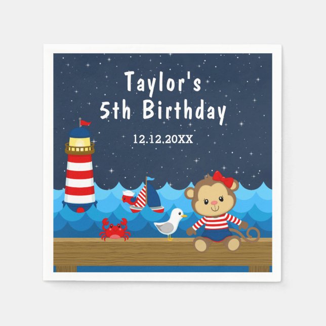 Nautical Girl Monkey Red and Navy Birthday Party Napkin (Front)