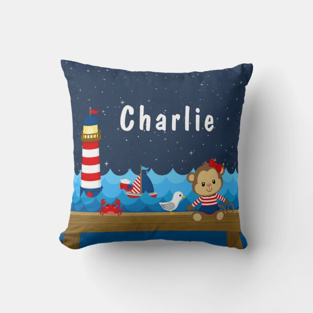Nautical Girl Monkey Red and Navy Cushion (Front)