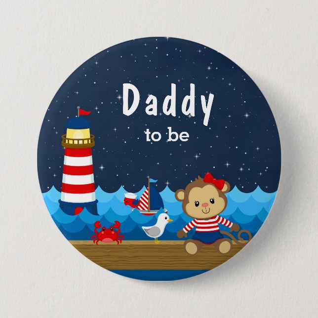 Nautical Girl Monkey Red and Navy Daddy To Be 7.5 Cm Round Badge (Front)