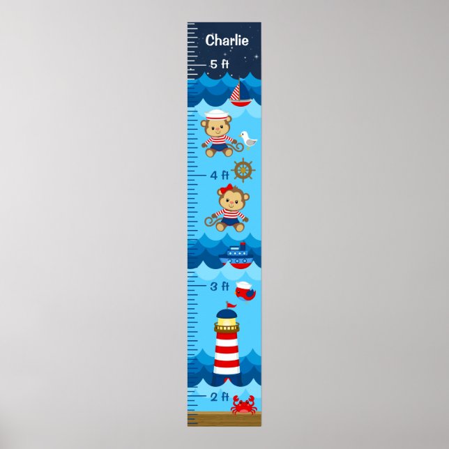 Nautical Girl Monkey Red and Navy Growth Chart (Front)