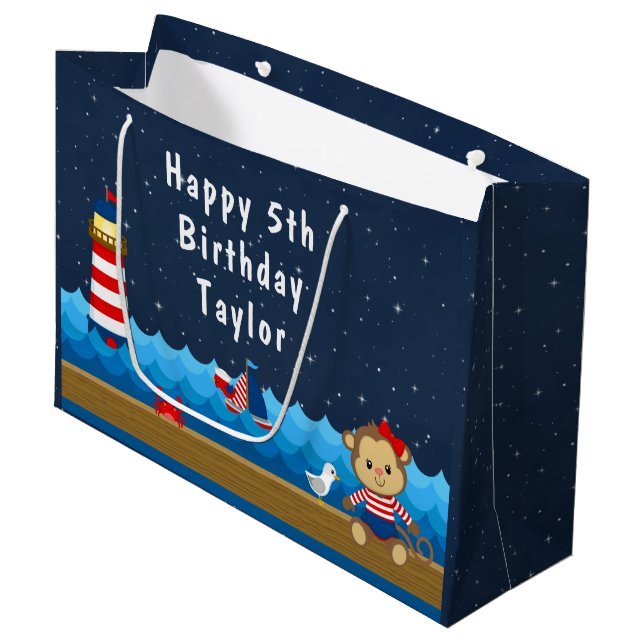Nautical Girl Monkey Red and Navy Happy Birthday Large Gift Bag (Front Angled)