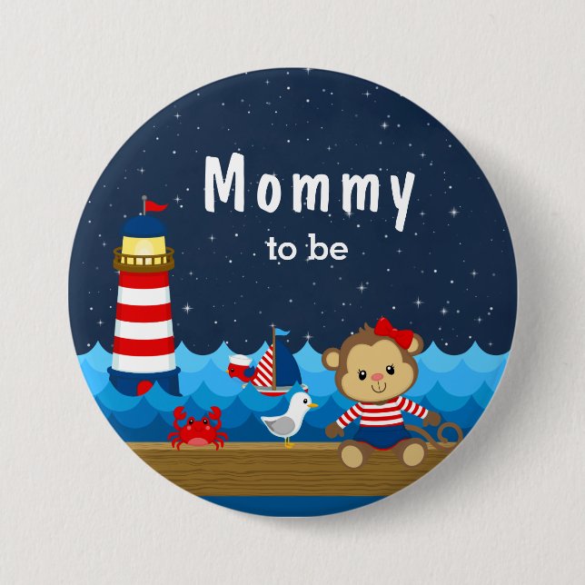 Nautical Girl Monkey Red and Navy Mommy To Be 7.5 Cm Round Badge (Front)