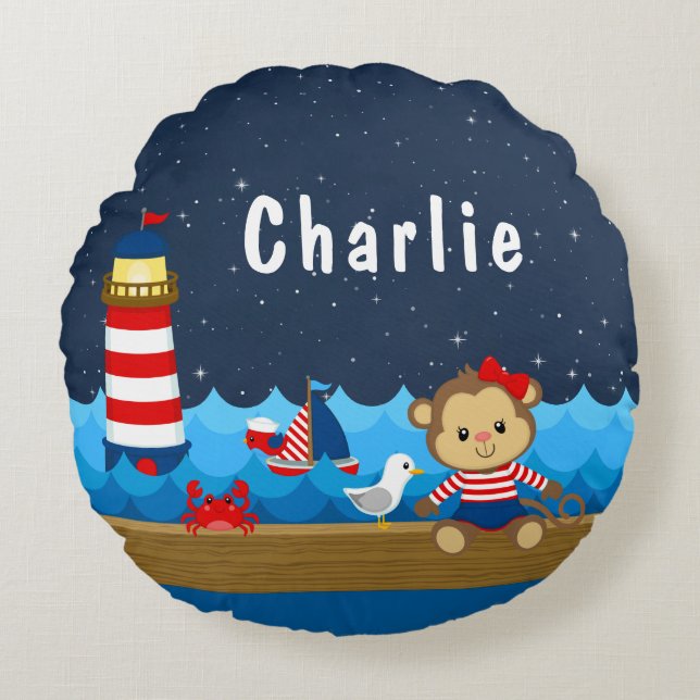 Nautical Girl Monkey Red and Navy Round Cushion (Front)
