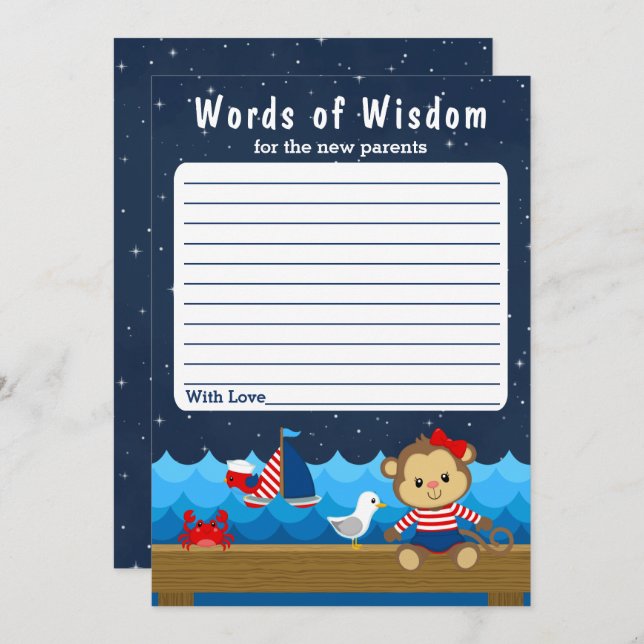 Nautical Girl Monkey Red and Navy Words of Wisdom Invitation (Front/Back)