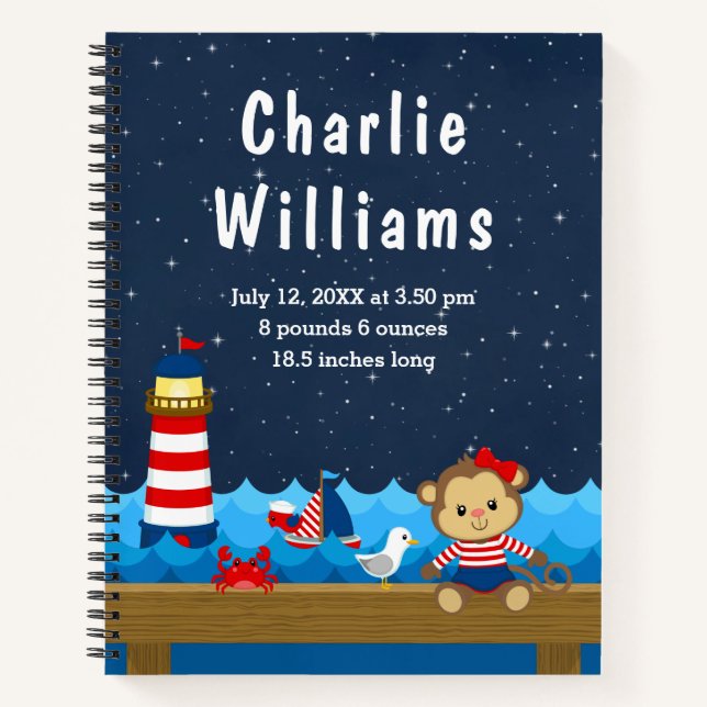 Nautical Girl Monkey Red Navy Birth Statistics Notebook (Front)